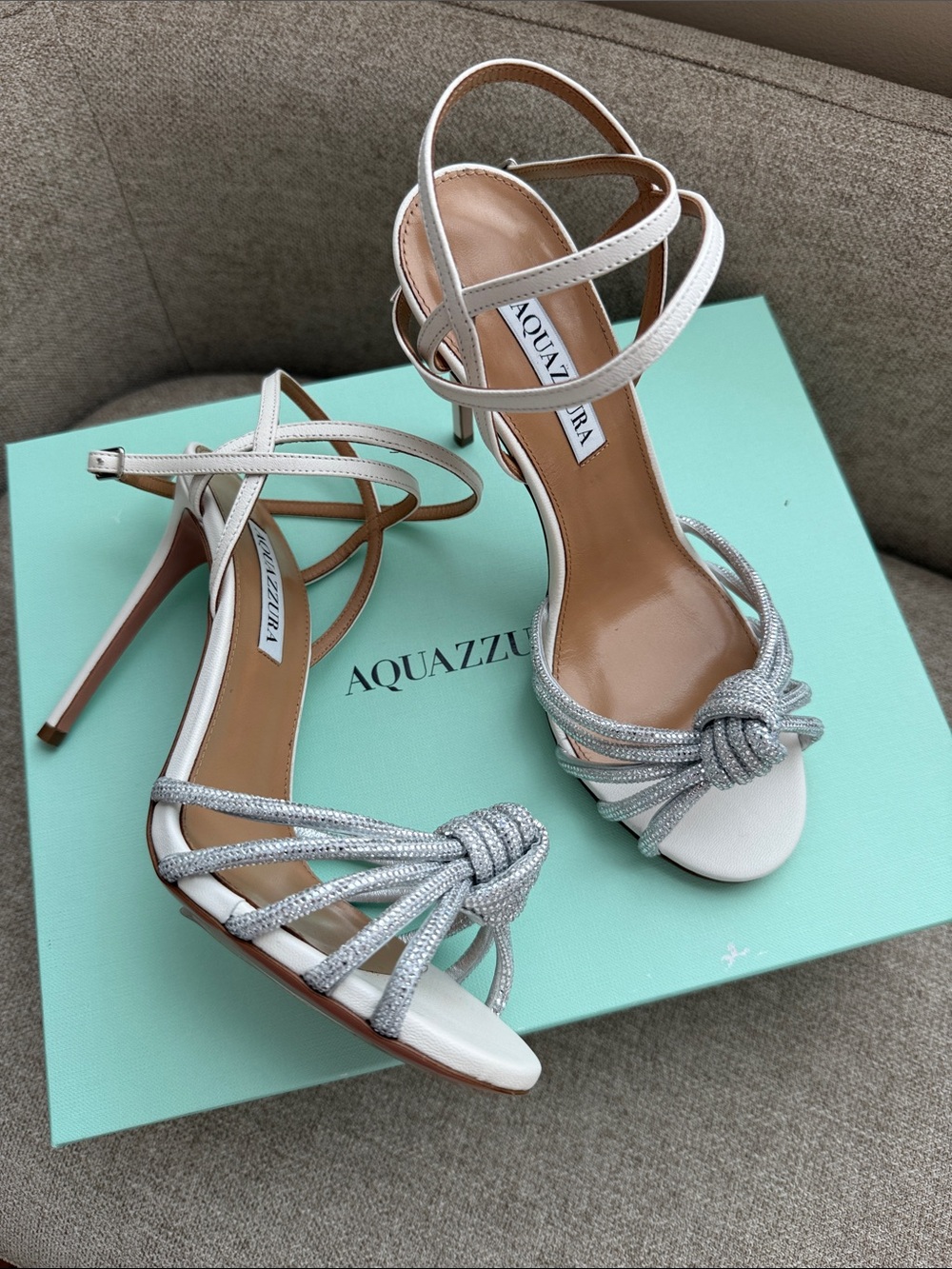 Aquazzura Celeste Degrade Embellished White Sandals Silver Knotted Straps 38/8